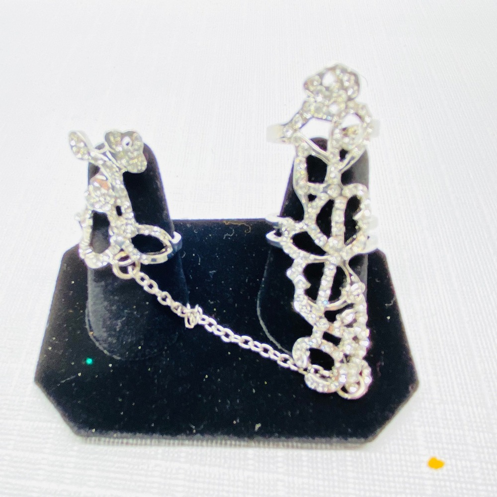 Glamorous Rhinestone Chain Ring‎ Set Two Finger Statement Jewelry Silver Tone
